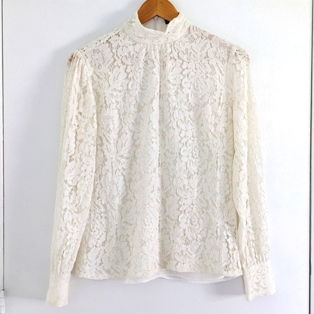 Ralph Lauren White Lace Long Sleeve Mock Neck Blouse